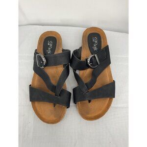 Eurosoft Black Leather Buckle Strappy Sandals Womens Size 7.5 Cork Sole Slip-On